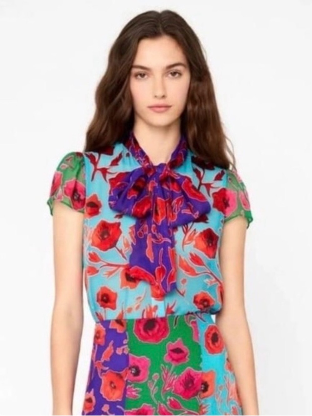 Alice + Olivia Teal Cap-Sleeve Top with Red Floral Print and Purple Scarf Detail